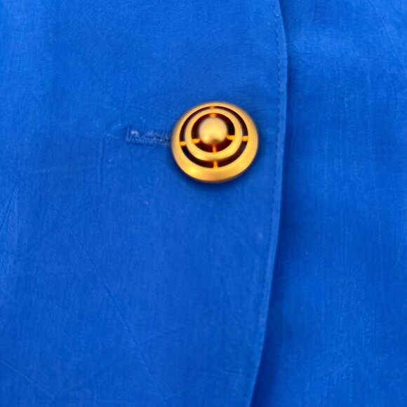 Vintage Caron Chicago Women's Royal Blue Long Blazer Gold Button Size 12 Silk - Picture 2 of 7